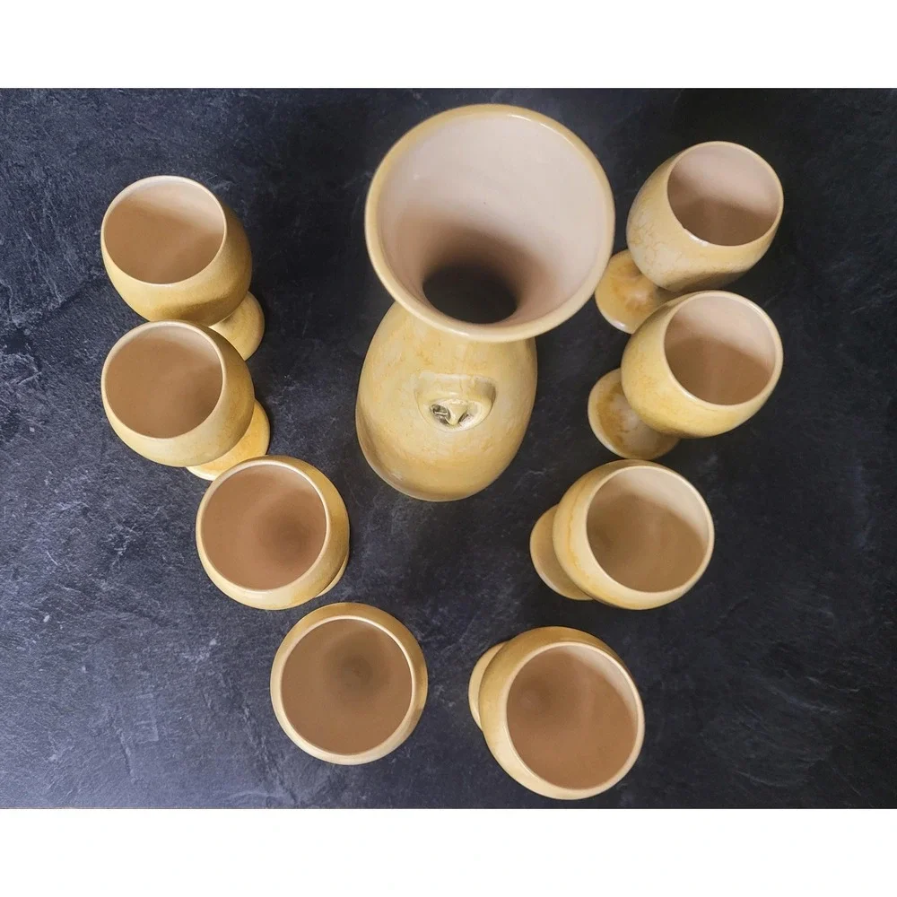 Vintage Pottery Hawaii Carafe Set – Mid-Century Stoneware Decanter with 8 Cups
